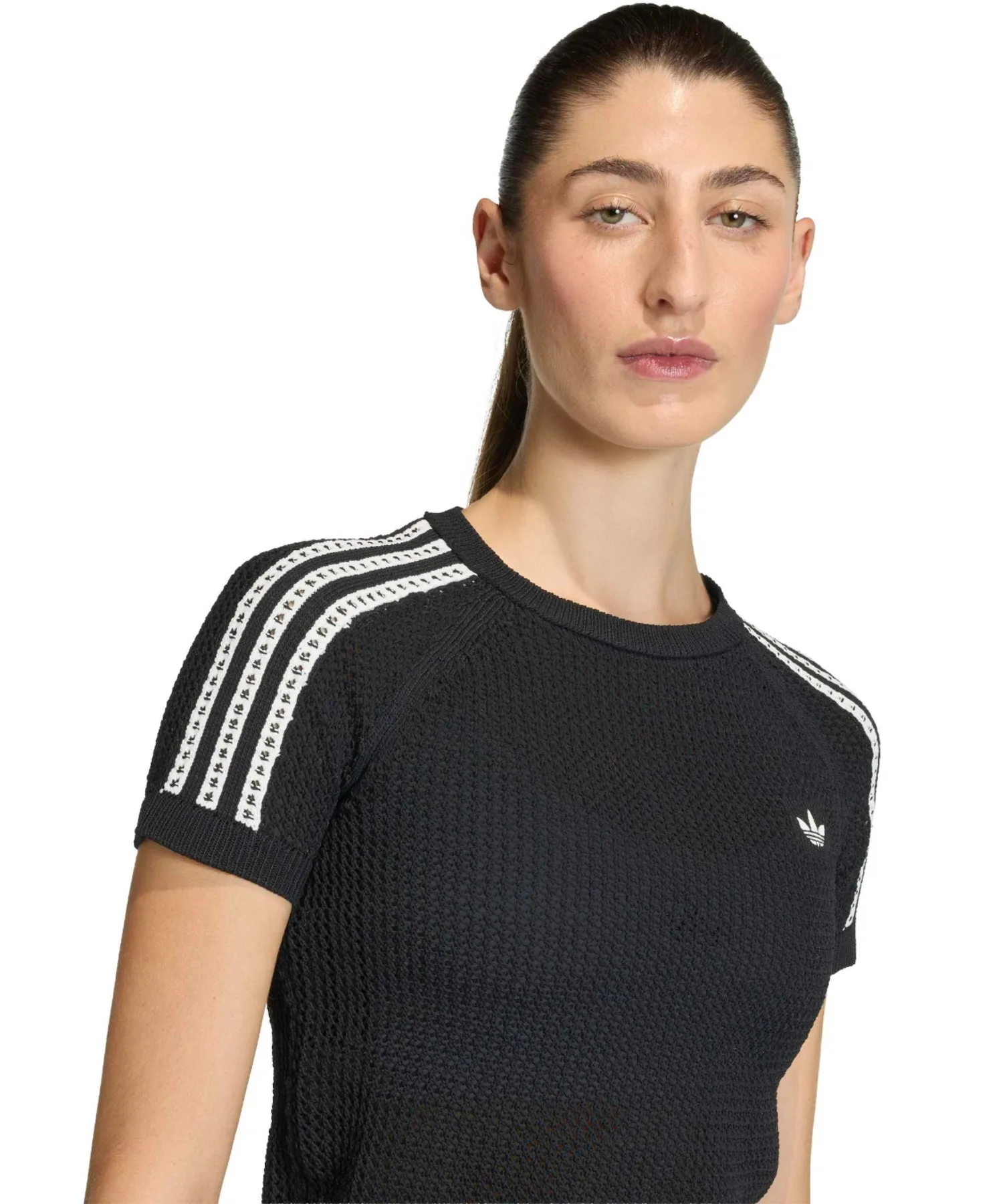 Женская футболка из вязаного полотна adidas KNITTED CROCHET CALI TEE чёрная — фото 2