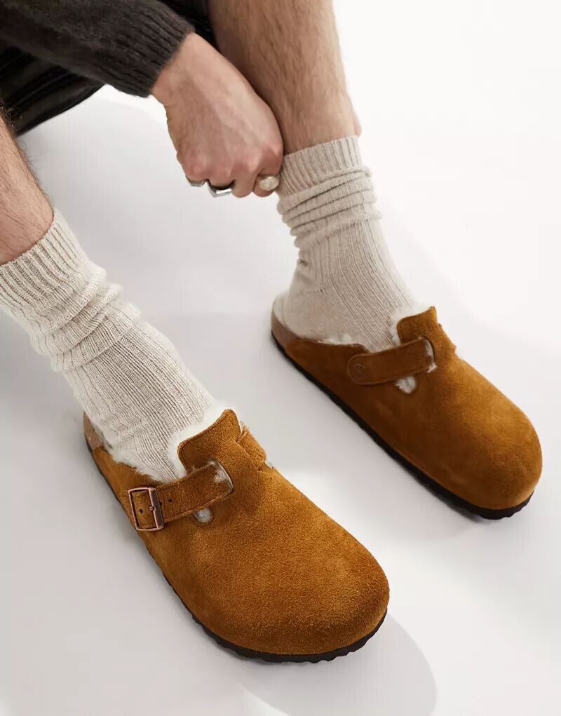 Светло-коричневые сабо из норки Birkenstock Boston с подкладкой из овчины — фото 4