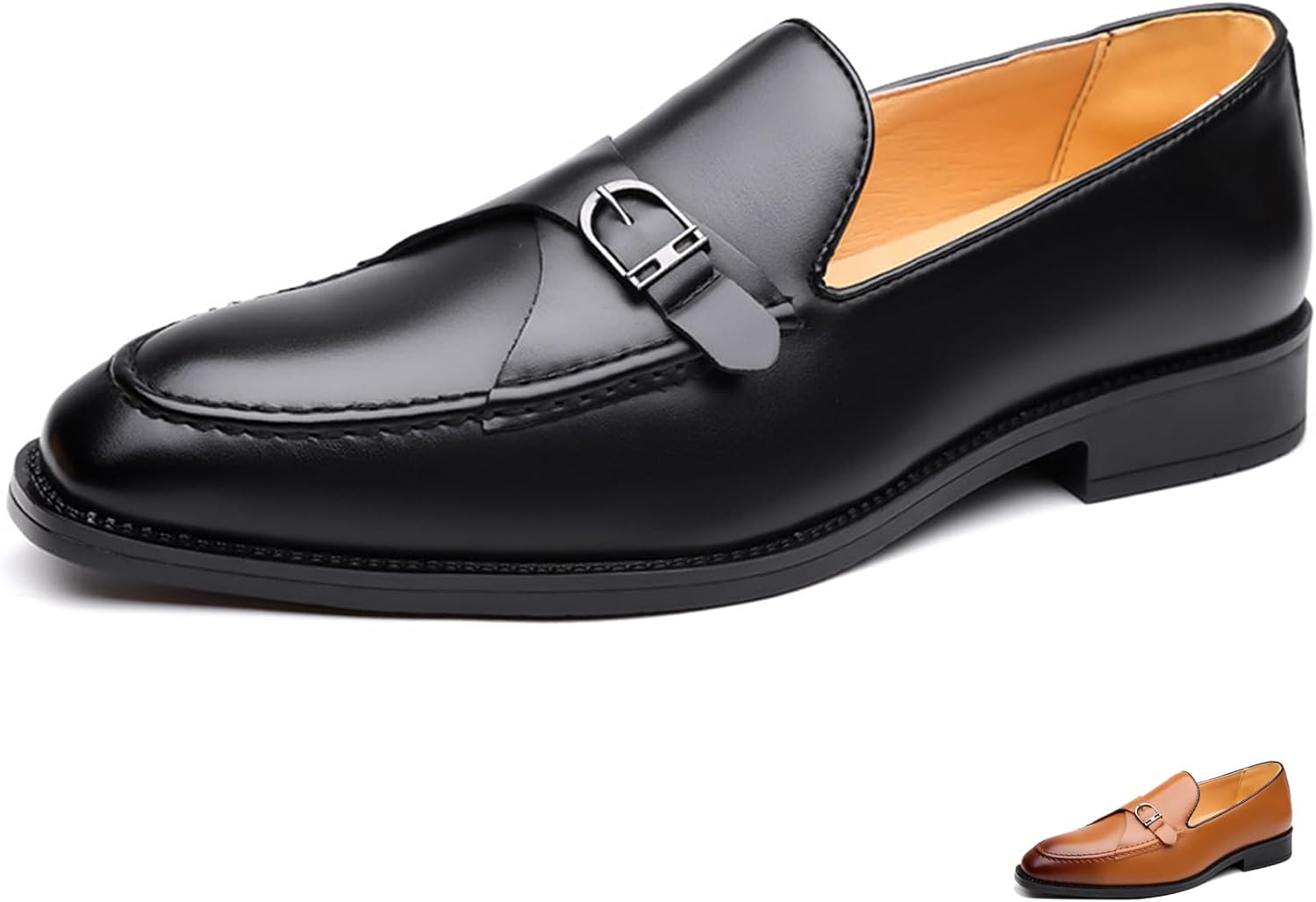 

Мужские кожаные лоферы с закрытым носком и отделкой под монету, модная металлическая пряжка, удобные, легкие, без шнуровки, с низким массивным каблуком, деловая обувь для костюмов, повседневная и ежедневная носка Mdioep, черный