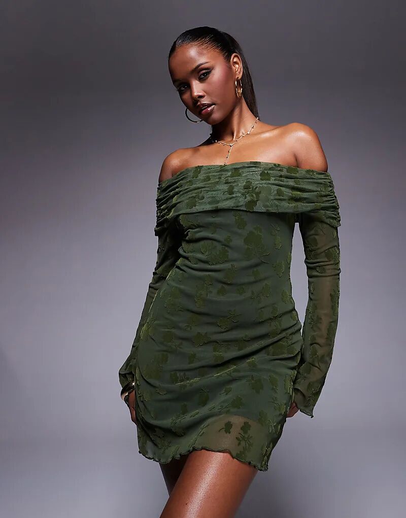 

Мини-платье ASOS DESIGN с открытыми плечами, цветочным принтом и расклешенными рукавами оливкового цвета