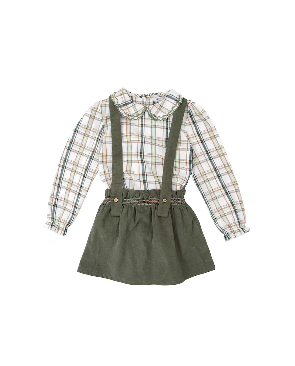 

Комплект для девочки из блузки и юбки в клетку на подтяжках BABIDÚ, зеленый