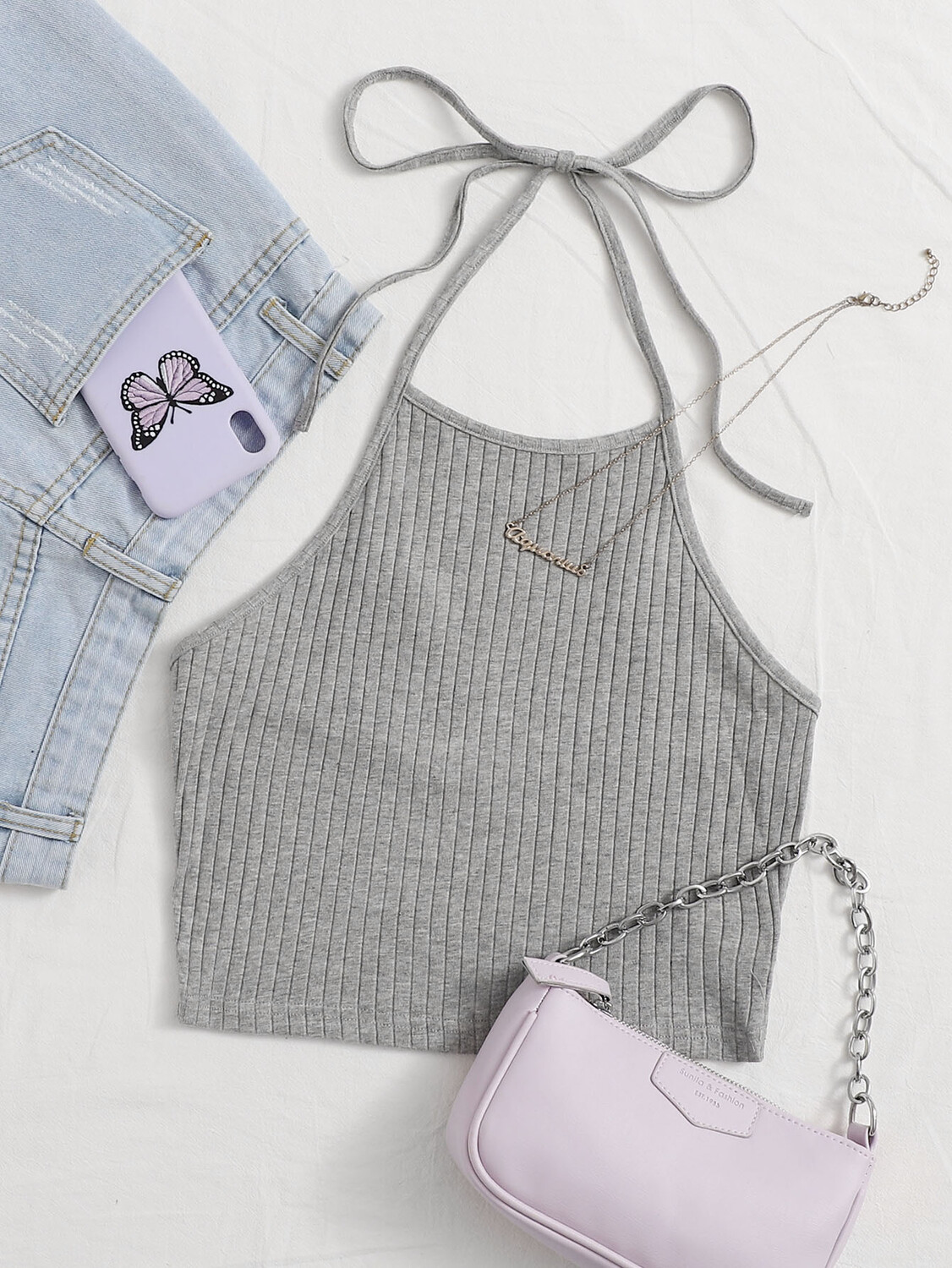 

SHEIN EZwear Рубашка с завязками на спине, ребристый трикотаж, укороченный воротник, воротник-стойка, серый