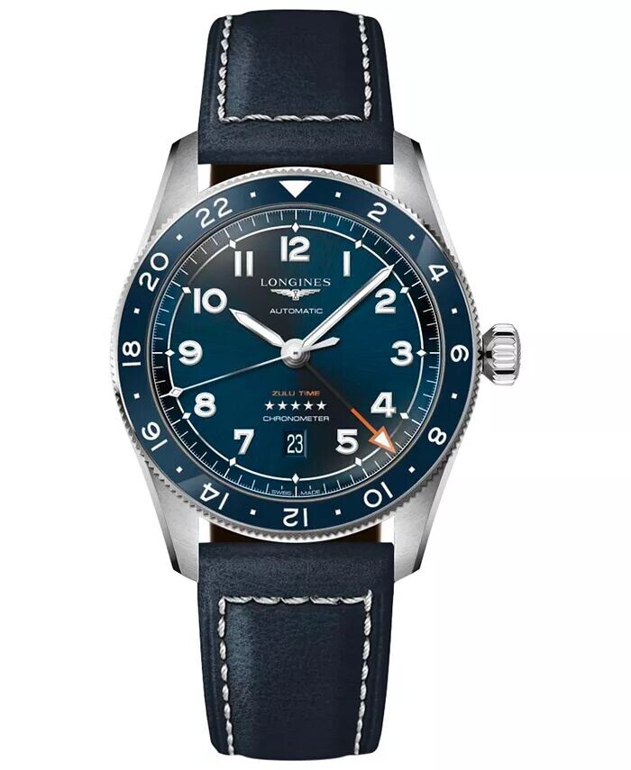 

Мужские швейцарские автоматические часы Spirit Zulu Time с синим кожаным ремешком, 42 мм Longines, синий