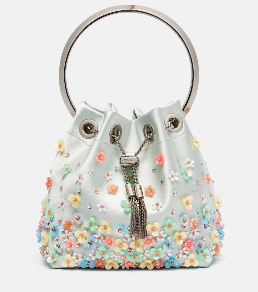

Бон Бон декорированная атласная сумка-ведро Jimmy Choo, Light Verde/Multi/Silver