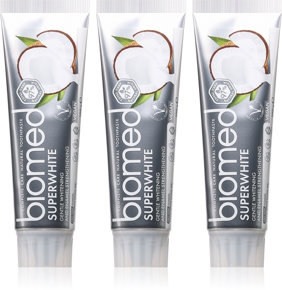 

Супербелая укрепляющая зубная паста с кокосовым маслом Biomed, 3× 100 гр