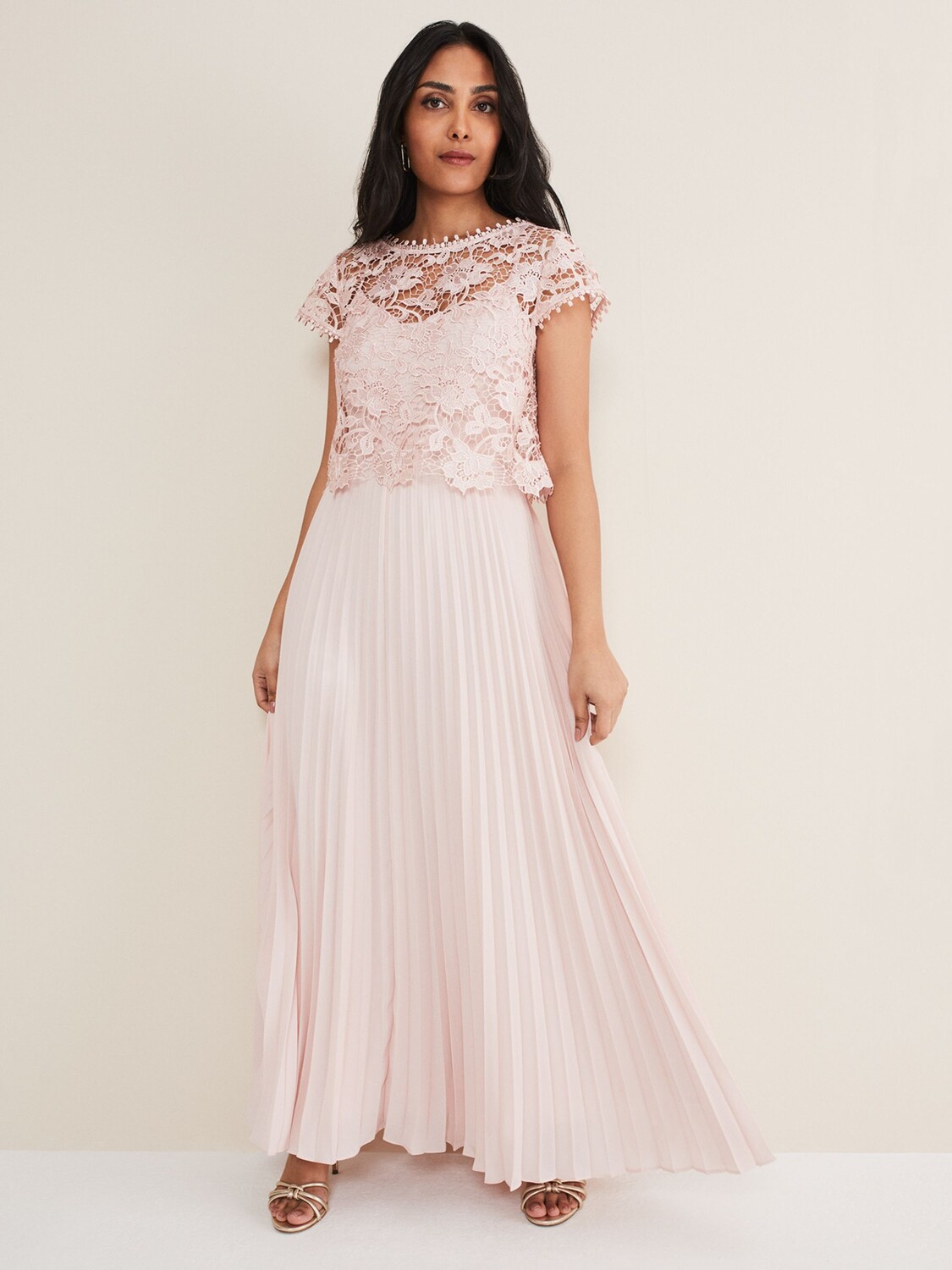 

Платье макси с кружевным лифом и плиссировкой Phase Eight Petite Michelle, цвет Antique Rose