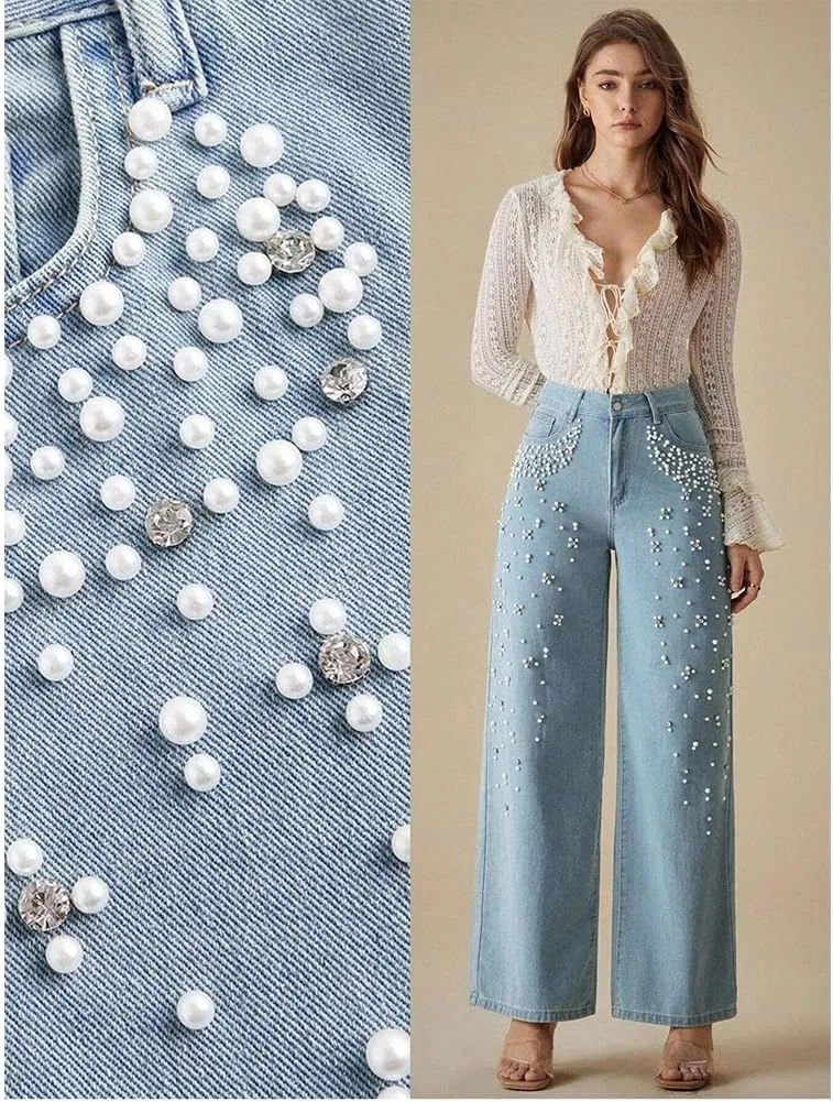 Джинсы с декором стразами, Светло-голубой — фото 2