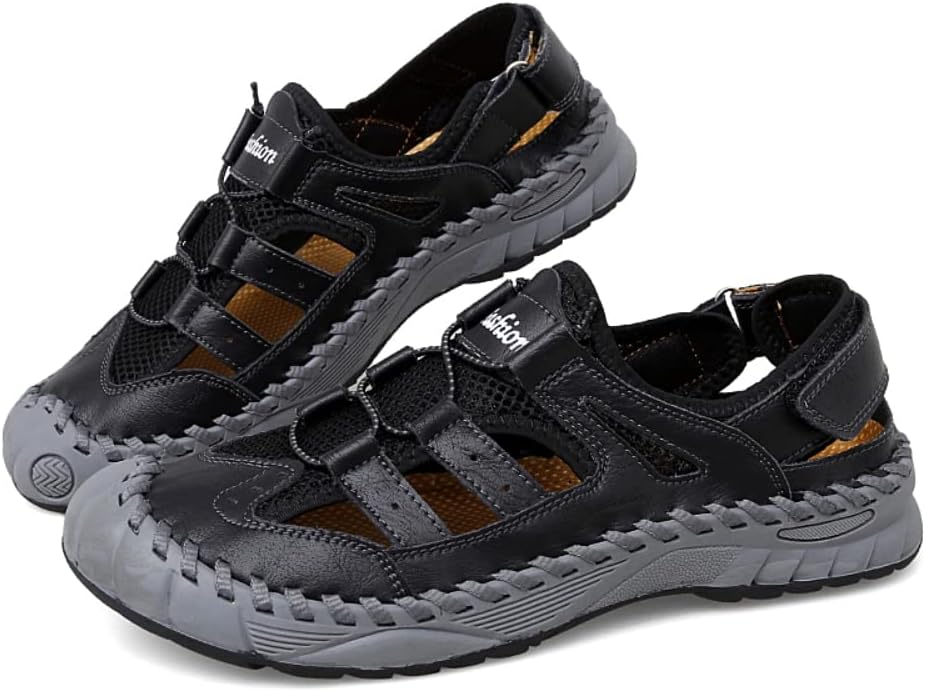 

Мужские деловые сандалии SUKKCCNO, мужские повседневные с закрытым носком, кожаные ручной работы, регулируемые сандалии-рыбацкие для пляжа, подходят для прогулок на улице и вождения, черный