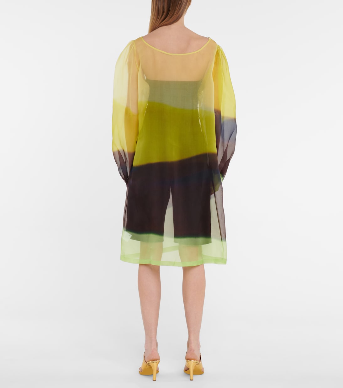 Платье миди из шелковой органзы в полоску Dries Van Noten, желтый — фото 3