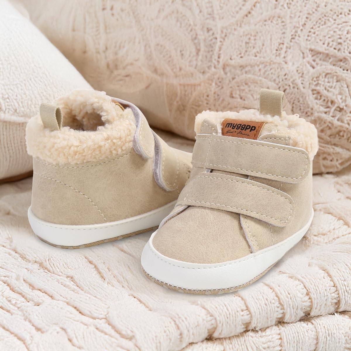HsdsBebe Детские ботиночки на щиколотку для мальчиков и девочек, флисовые пинетки с противоскользящей резиновой подошвой, кроссовки для малышей, обувь для новорожденных для ходьбы и сна, A02/Beige — фото 4
