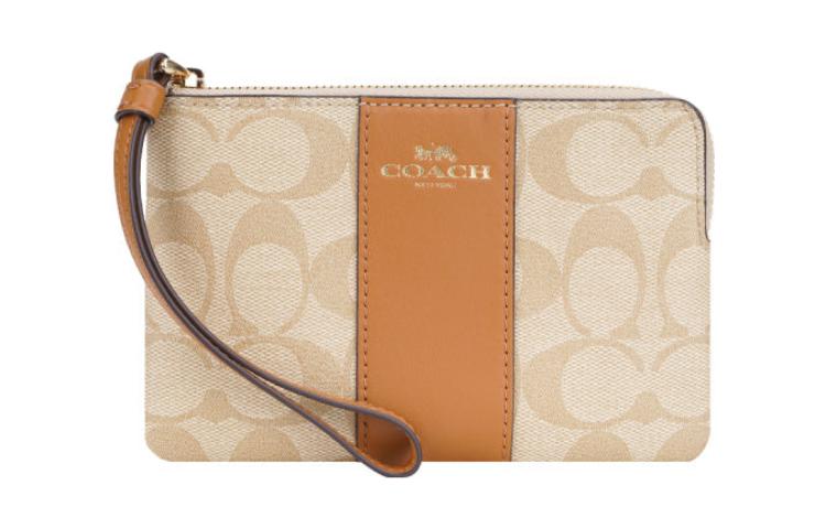 

COACH Сумка-клатч на запястье с угловой молнией и кожаной холщовой сумкой в стиле маджонг, женская, коричневого и хаки цвета, монограмма, небольшого размера