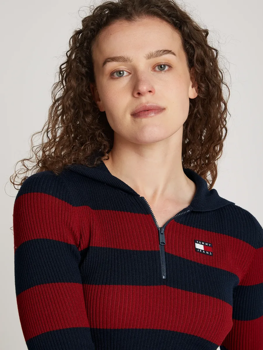 

Толстовка Tommy Jeans "TJW STRIPE 1/4 ZIP HOOD SWEATER", с полосками и флажком-логотипом, синий