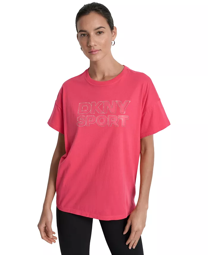 

Женская футболка с пайетками-логотипом и удлиненным плечом DKNY, красный