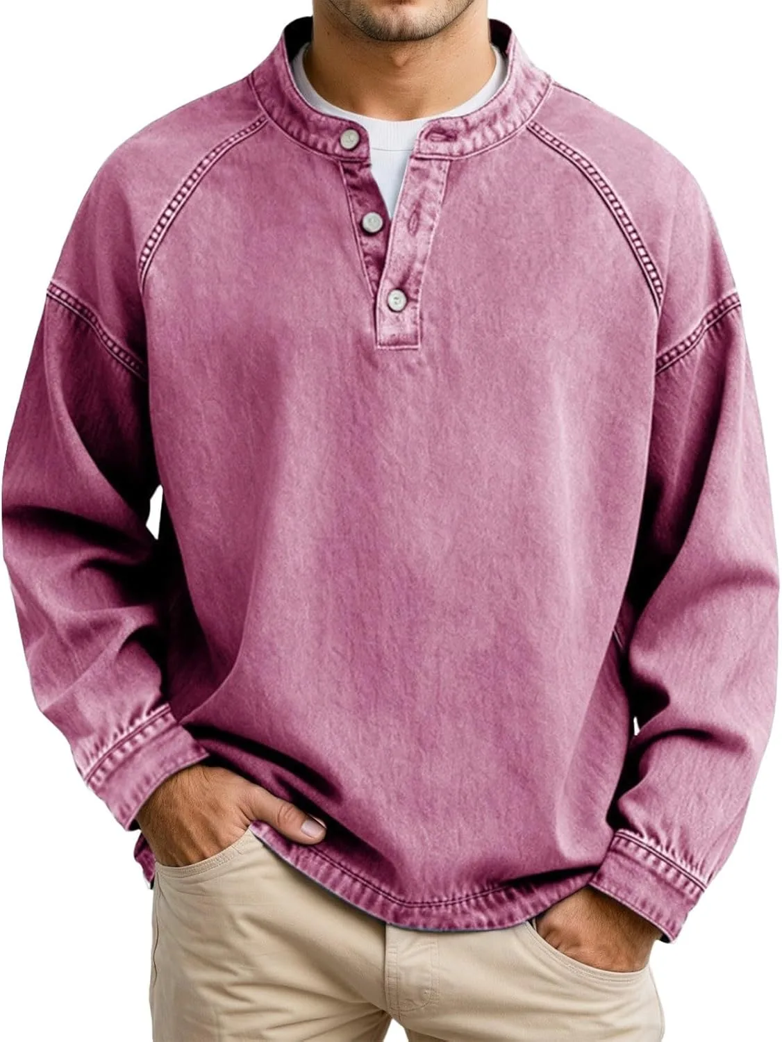 

Мужская поло с длинным рукавом Loose Fit Vintage Casual Henley 3-Button Closure Banmave
