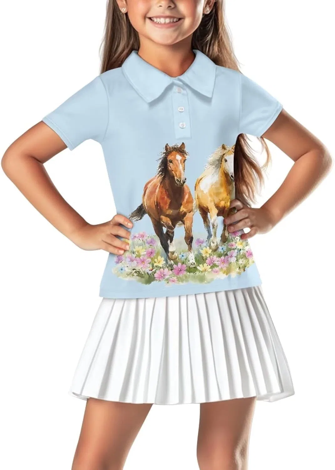 Поло для девочек Snilety, Blue Horse Floral