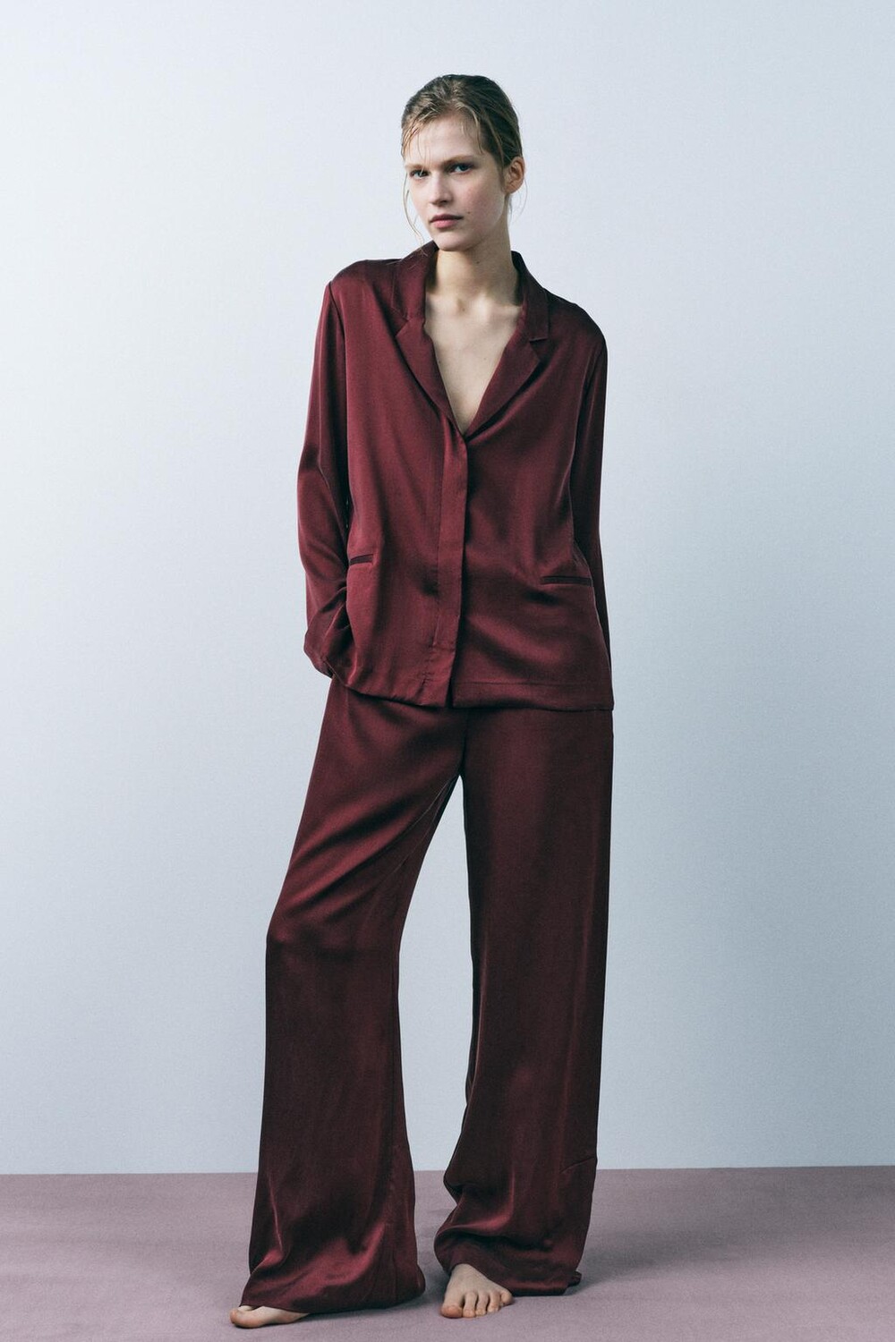 

Шелковая пижамная рубашка ZARA, бордовый