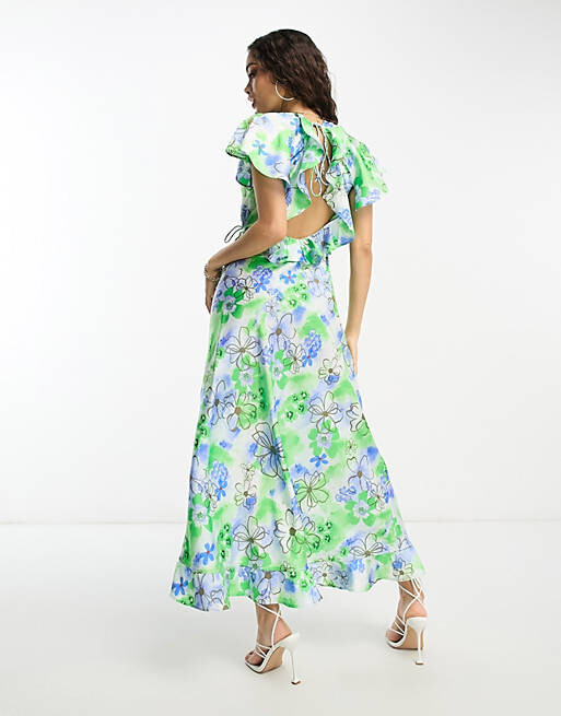 

Атласное платье макси с запахом и оборками ASOS DESIGN Petite белого цвета с цветочным принтом, Белый, Атласное платье макси с запахом и оборками ASOS DESIGN Petite белого цвета с цветочным принтом