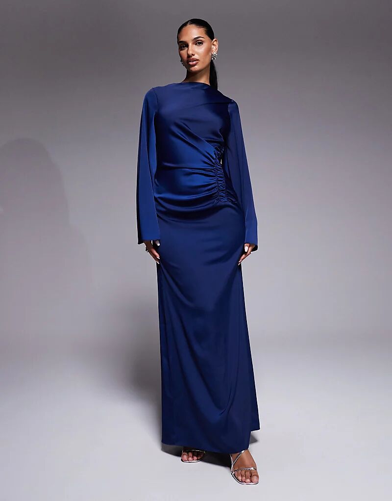 

Платье макси ASOS DESIGN с увеличенными рукавами и присборенной талией, темно-синего цвета