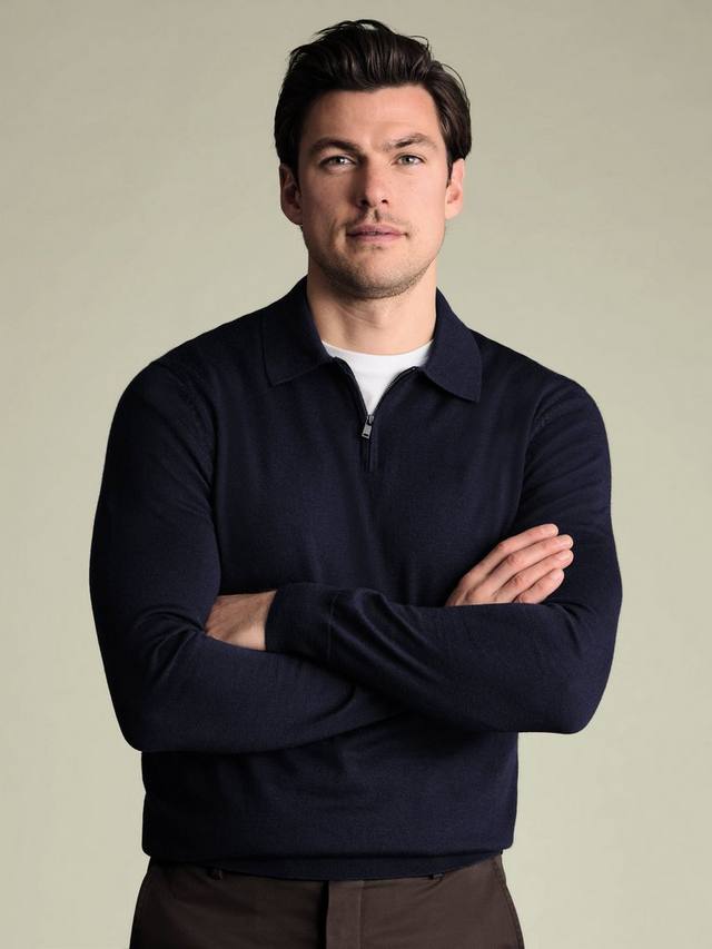 

Мерино поло с воротником-стойкой на молнии Charles Tyrwhitt, Navy