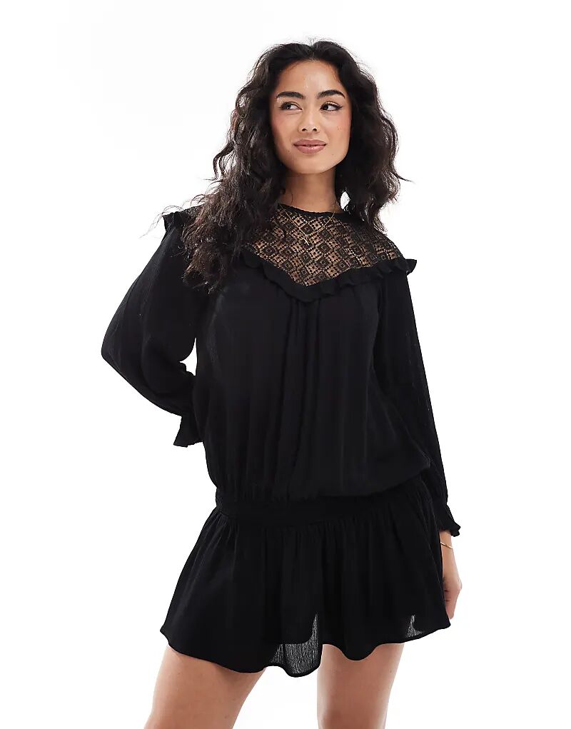 

Мини-платье Miss Selfridge в стиле бохо-вестерн, черное, с кружевными вставками