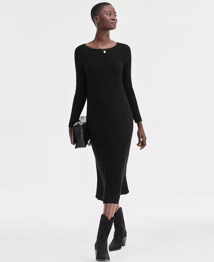 

Платье-свитер Petite Cashmere с ребристым вырезом и вырезом-лодочкой Charter Club, черный
