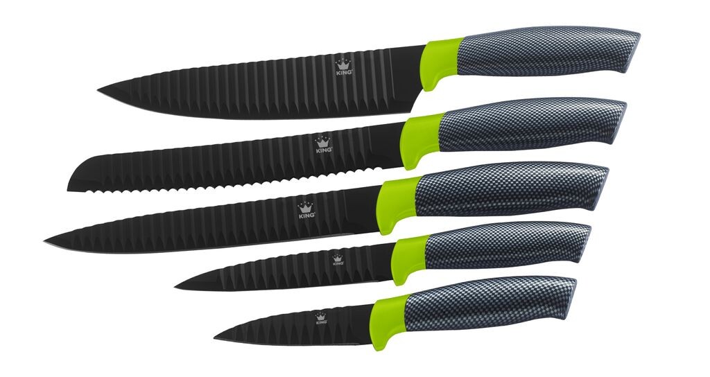 

5 кусков Набор ножей KING CARBON GREEN LINE с лезвиями из нержавеющей стали с рифленой структурой / в футляре / размеры: поварской нож 20 см, нож для обвалки 20 см, нож для хлеба 20 см, универсальный нож 12,5 см и нож для овощей 8,5 см