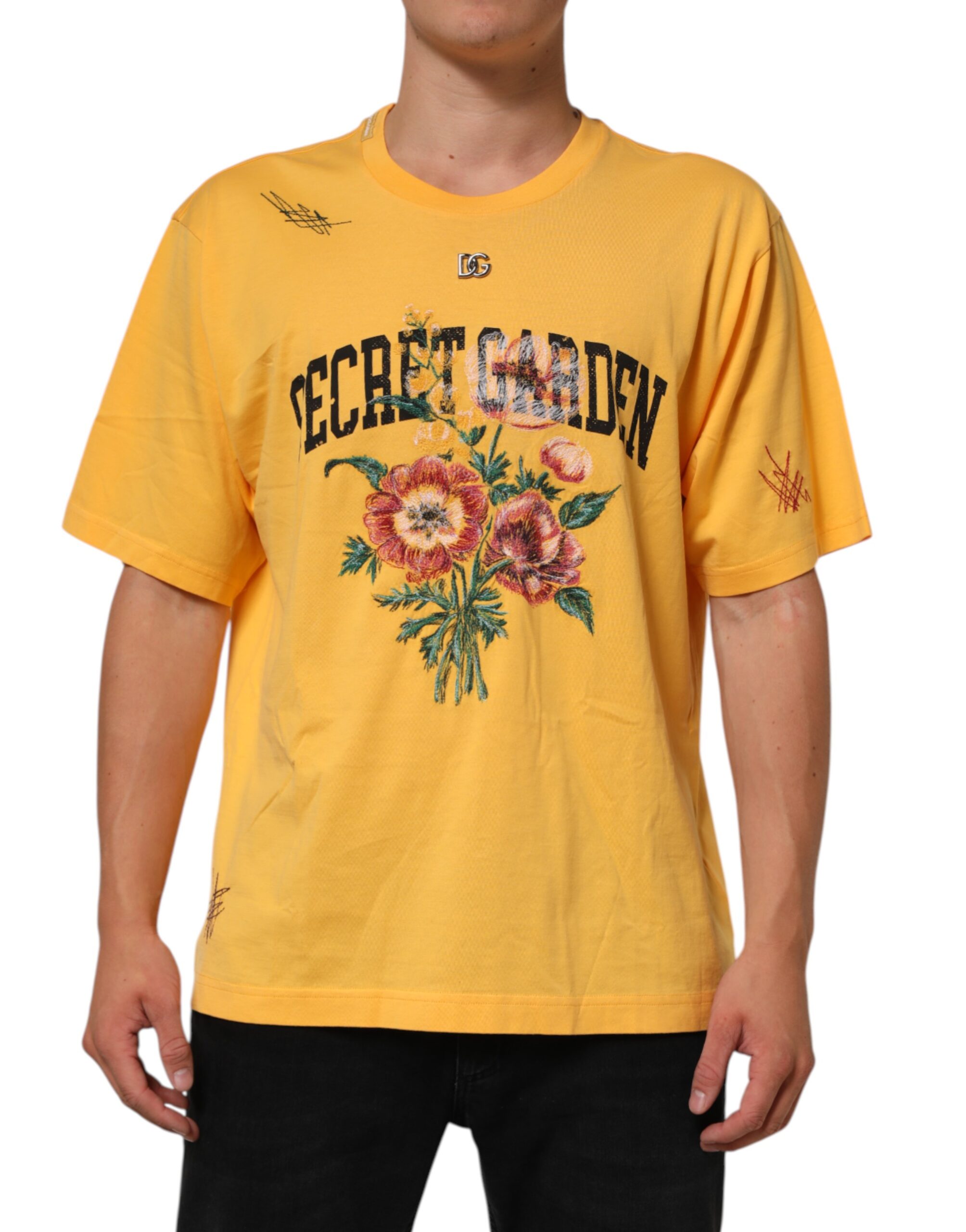 Футболка из хлопка с круглым вырезом и цветочным принтом Secret Graden Yellow Dolce & Gabbana, желтый