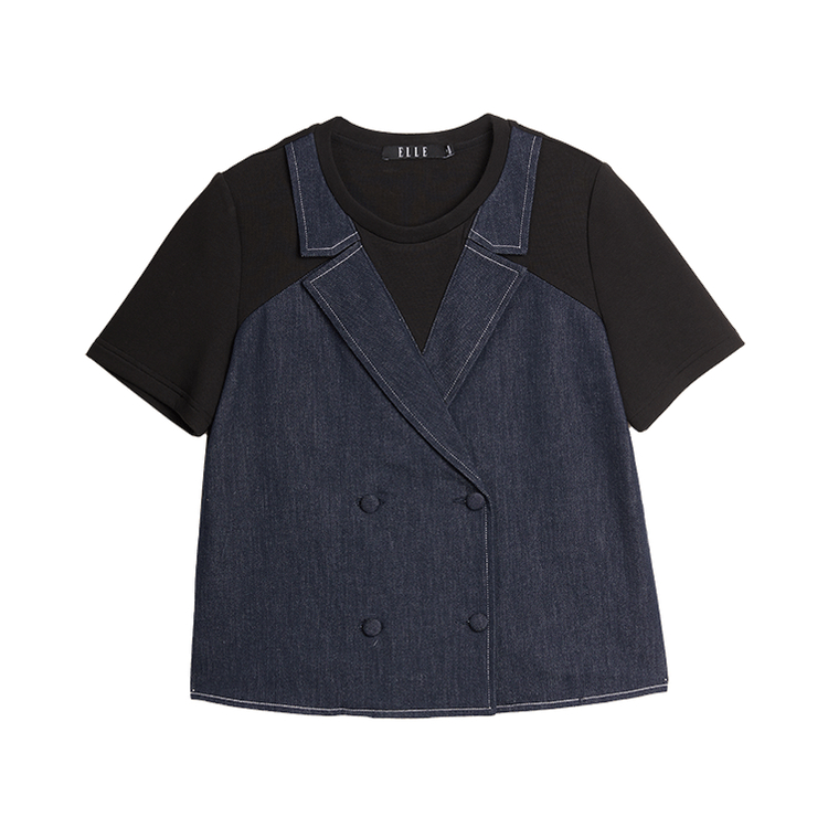 

ELLE Футболка Women's Black Lapel Moderate Mock Two Piece