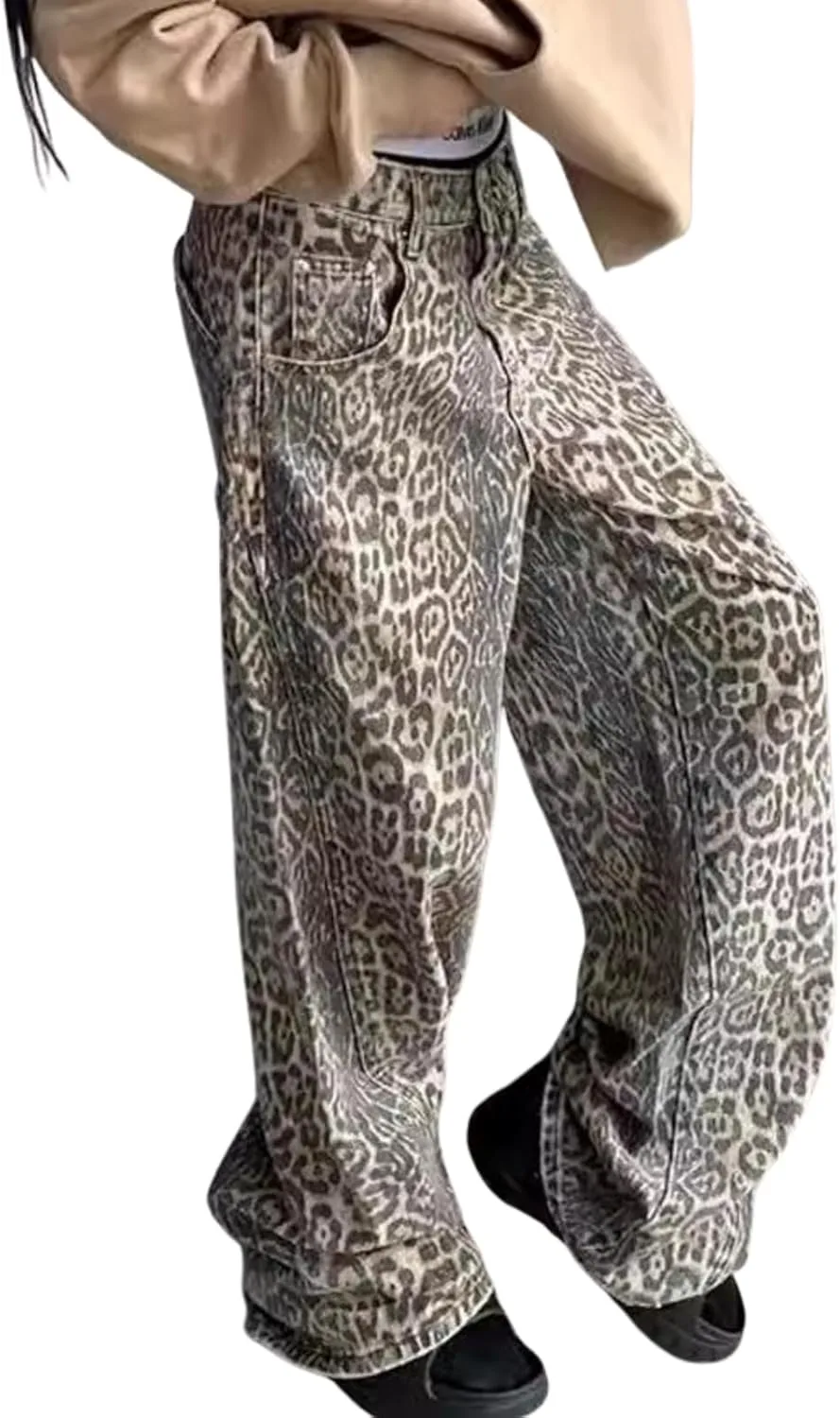 

Джинсы Streetwear с леопардовым принтом, Women, Y2k, Baggy, Straight Leg GoldGalleon
