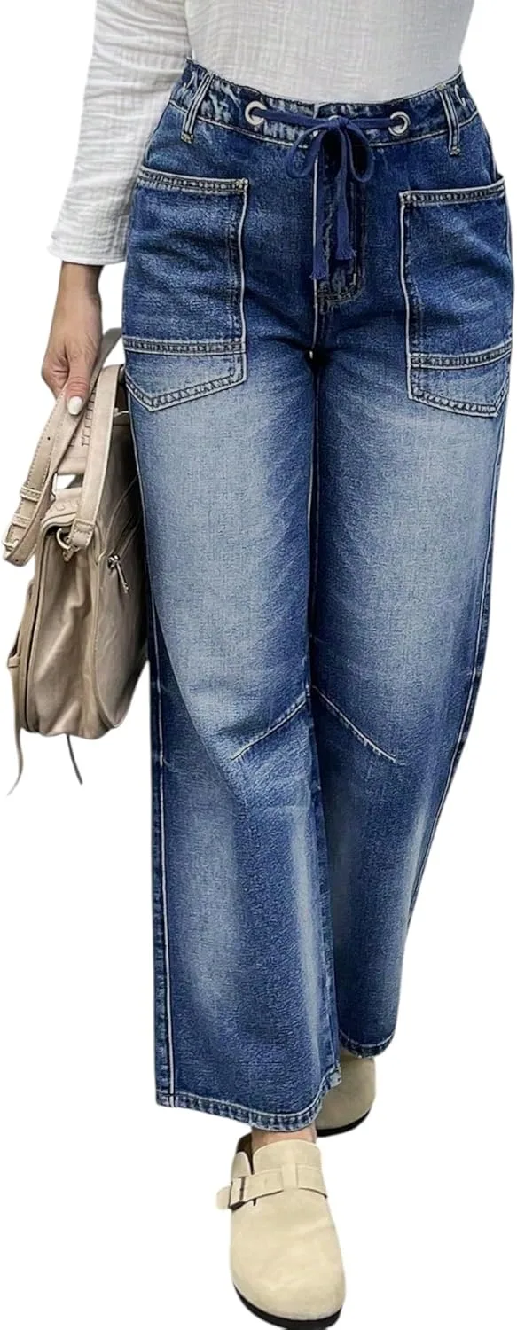 

Plus Size джинсы Wide Leg для женщин, Mid Waisted, Relaxed Fit, с Drawstring Design CFNZER