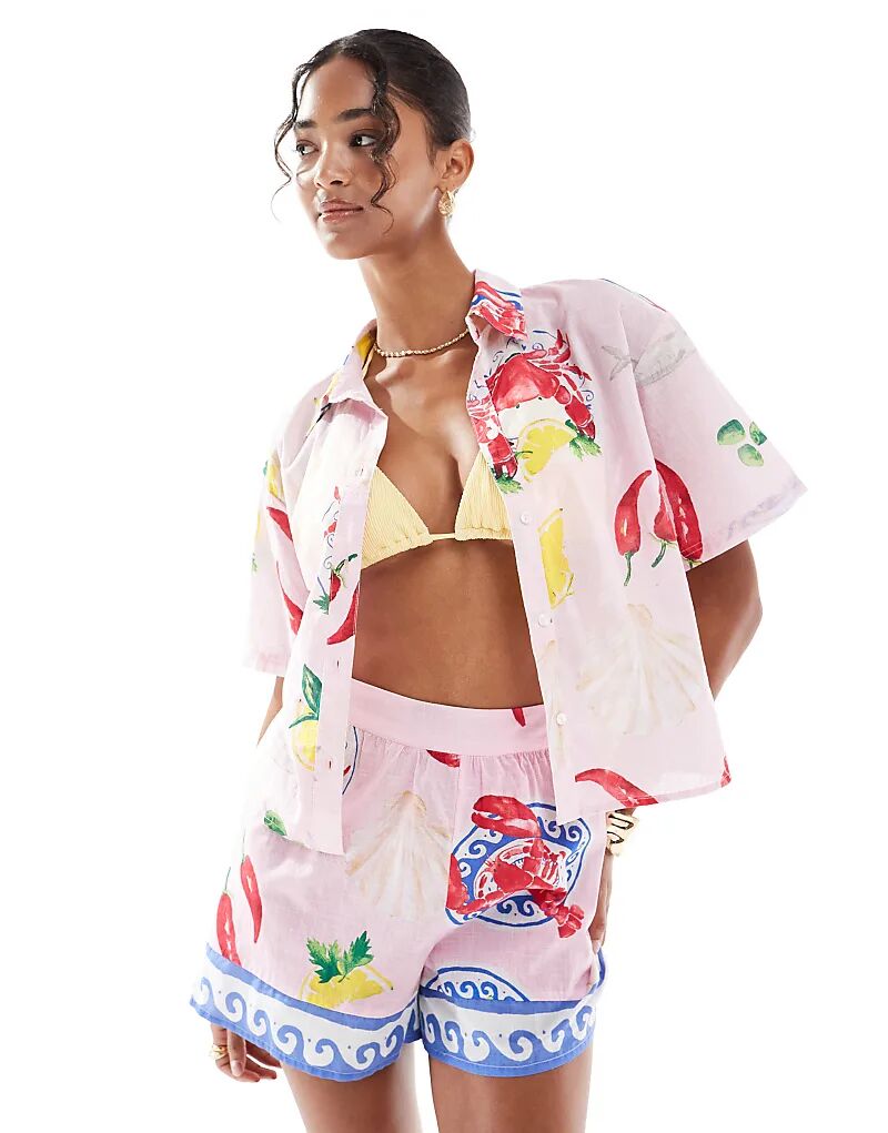 

Рубашка New Look Co-ord с принтом лобстера розового цвета