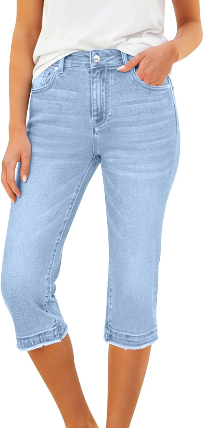 

Женские джинсы Capri Mid Rise с потертостями и необработанным краем Lmdudan