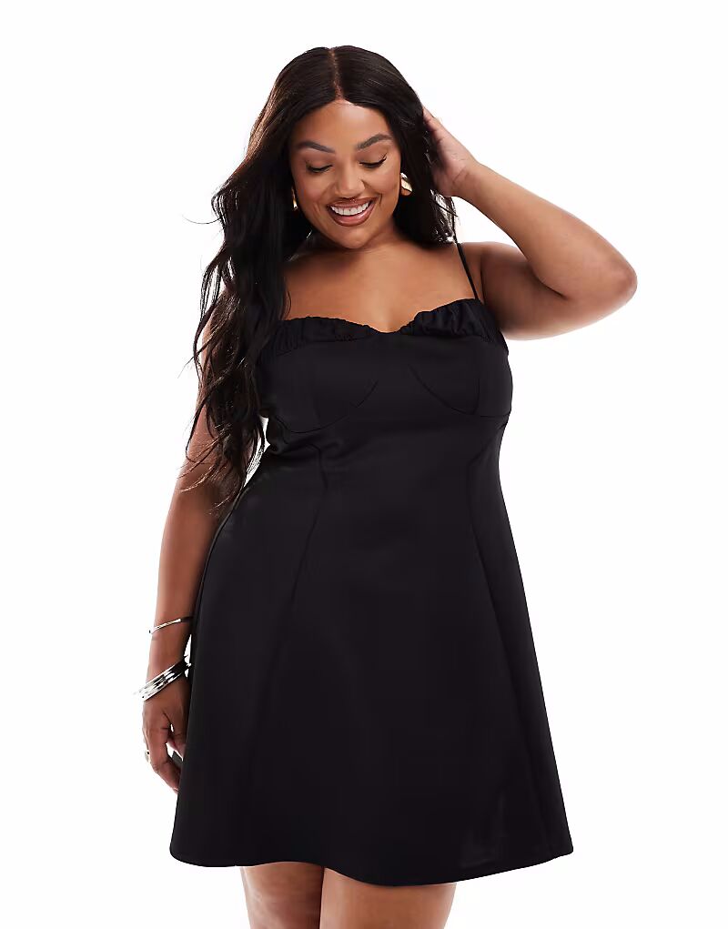 

Мини-платье на бретелях ASOS DESIGN Curve с рюшами на груди, черное