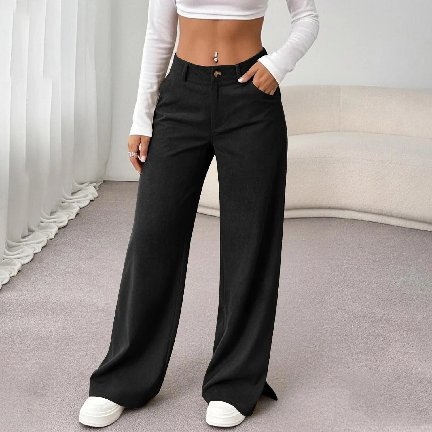 Женские брюки из вельвета Casual Mid Rise Baggy Pant с прямой штаниной и эластичным поясом на осень с карманами Generic, черный — фото 2