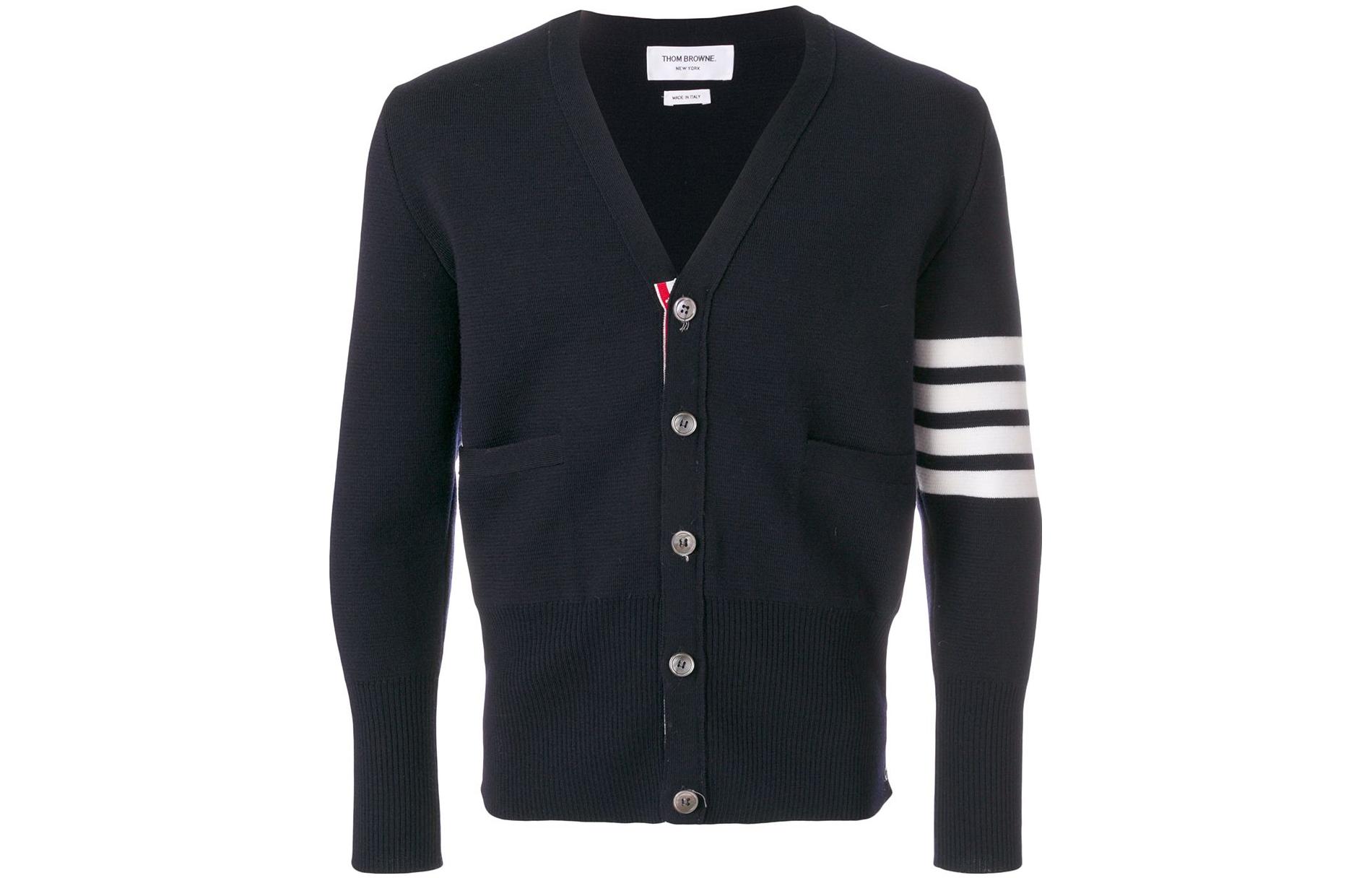 

Кардиган с прямым подолом в полоску и 4 планками THOM BROWNE, черный