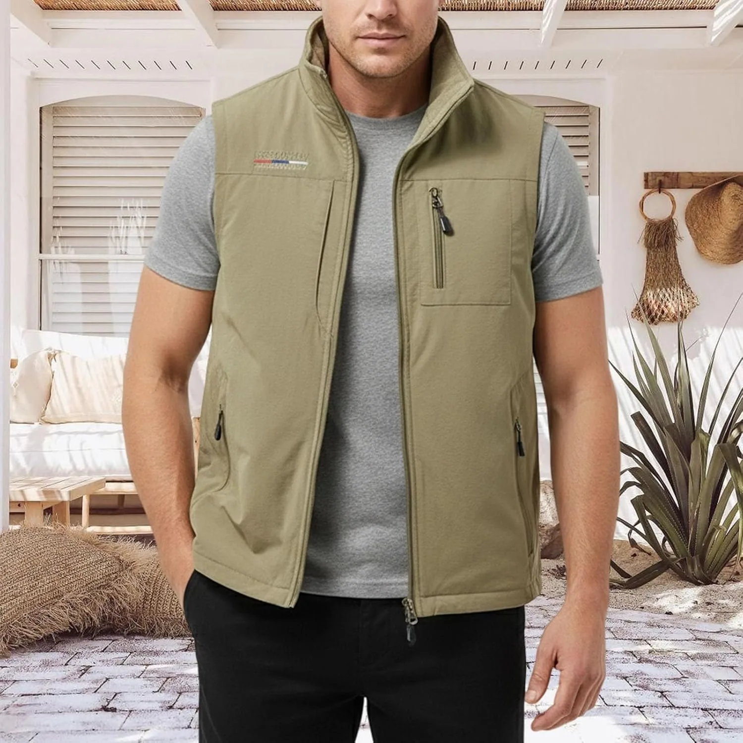 Мужская флисовая жилетка Reversible Zip Up с карманами, свободный воротник-стойка, однотонная куртка для путешествий и спорта Generic, хаки — фото 2