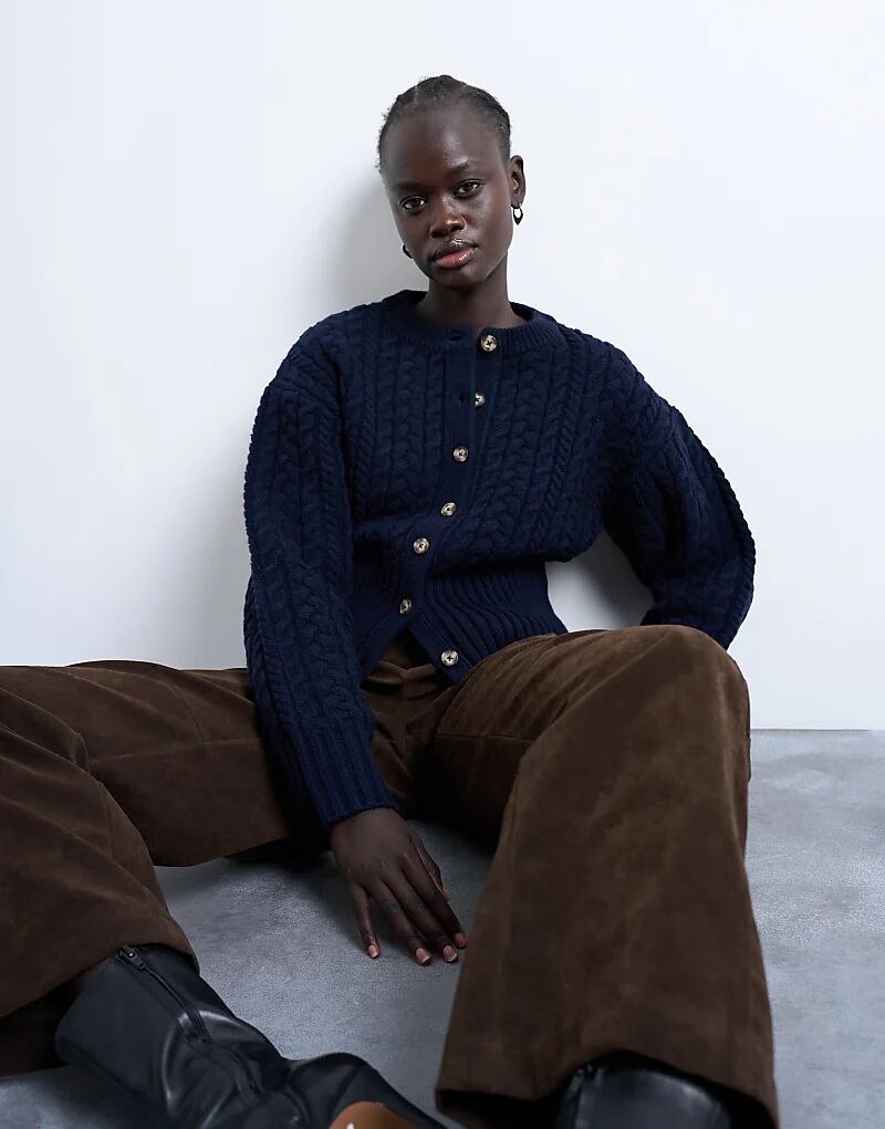 

Вязаный кардиган Topshop с косами, приталенный, темно-синего цвета