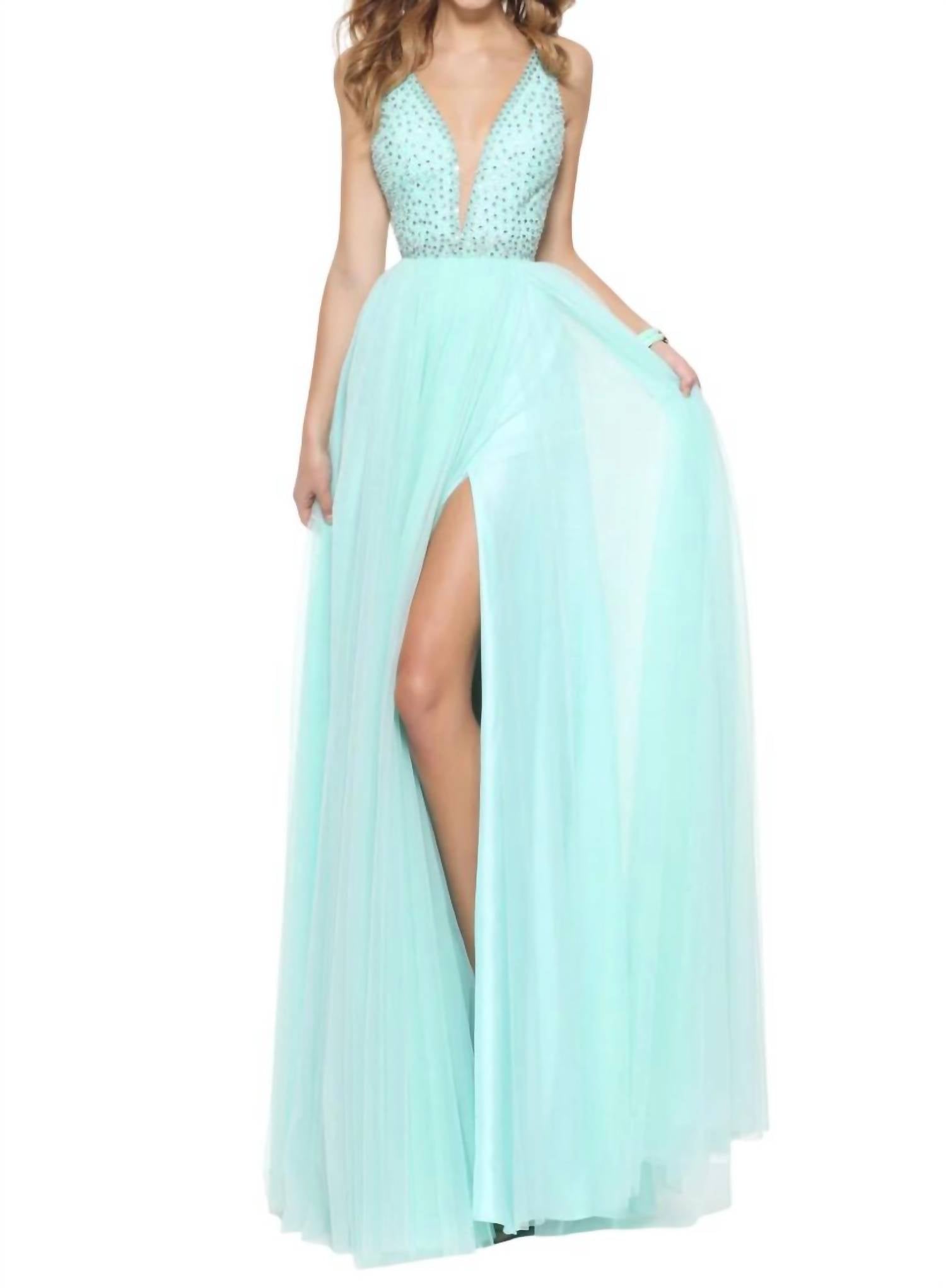 

Выпускное платье с глубоким V-образным вырезом цвета мяты Sherri Hill, цвет mint