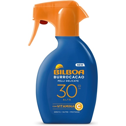 

Bilboa Burrocacao Sun Spray Trigger SPF 30 Высокий солнцезащитный крем для чувствительной кожи с витамином С Увлажняет Питает и защищает без алкоголя Дерматологически протестировано 250 мл