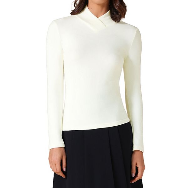 

Женская футболка с асимметричным воротником, однотонная, с длинными рукавами, облегающая, базовая Inspire Chic, White