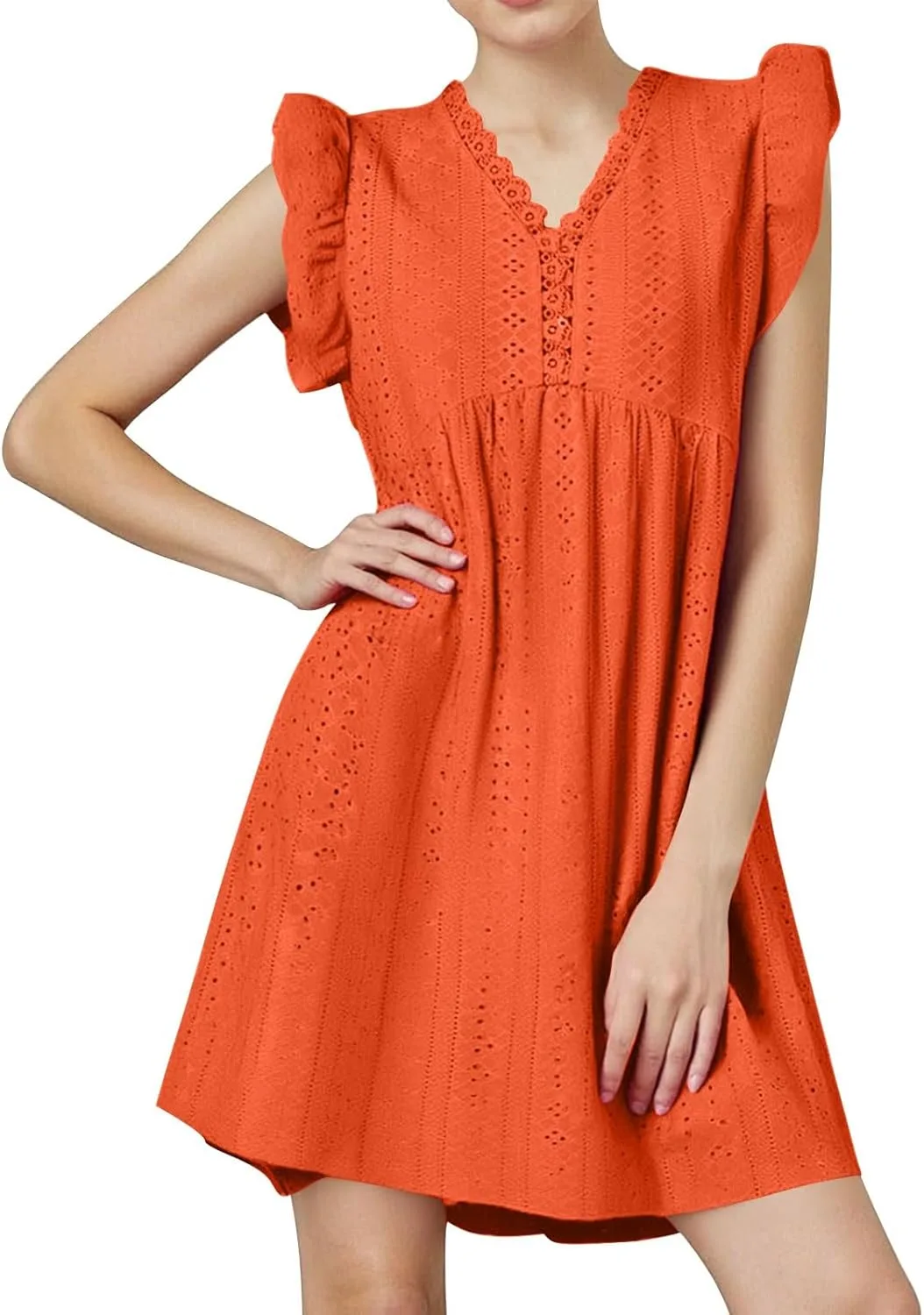 Платье женское Eyelet с коротким рукавом, повседневное, с V-образным вырезом, летнее сарафан в стиле Fashion, свободного кроя, с ажурной отделкой, пляжное Generic, оранжевый