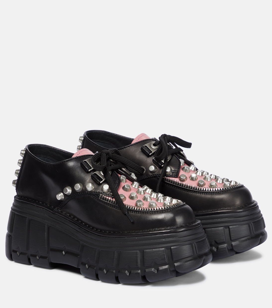 Декорированные кожаные платформенные дерби Miu Miu, Nero+Petalo
