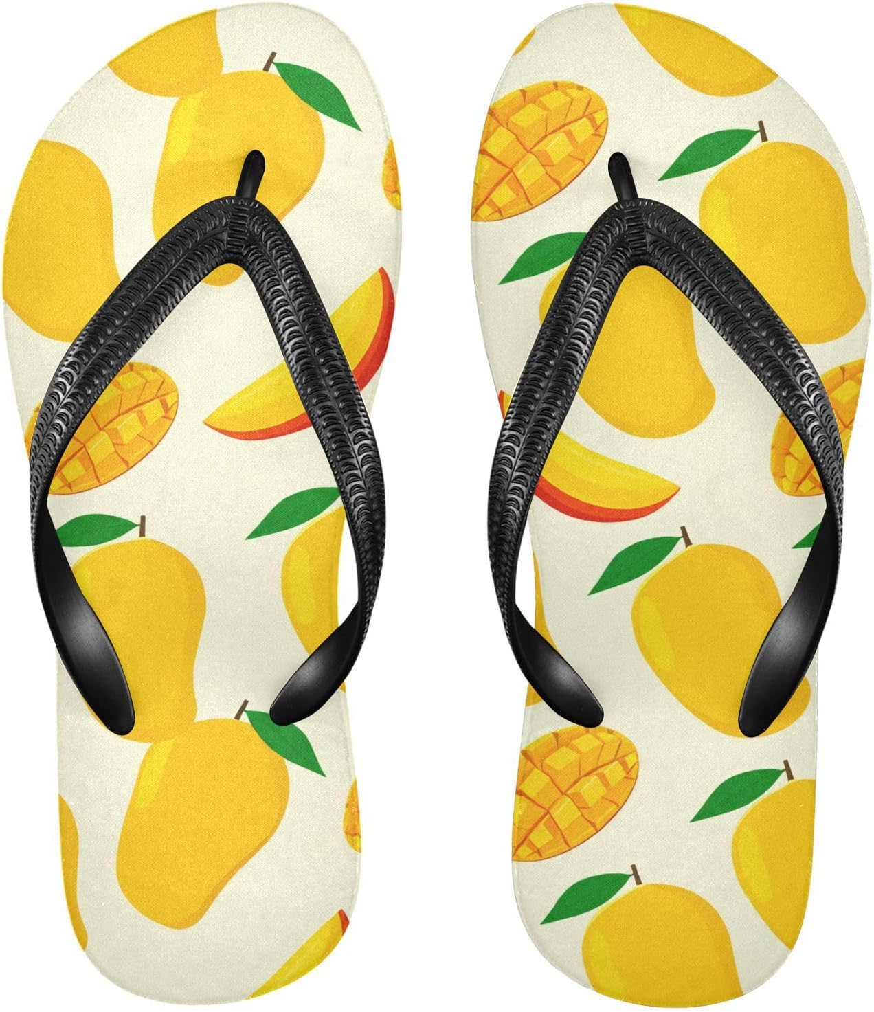 

Женские и мужские пляжные шлепанцы из резины с анатомической подошвой и невысокой танкеткой, бежевые, с фруктовым принтом манго, для летнего отдыха и душа Sinestour