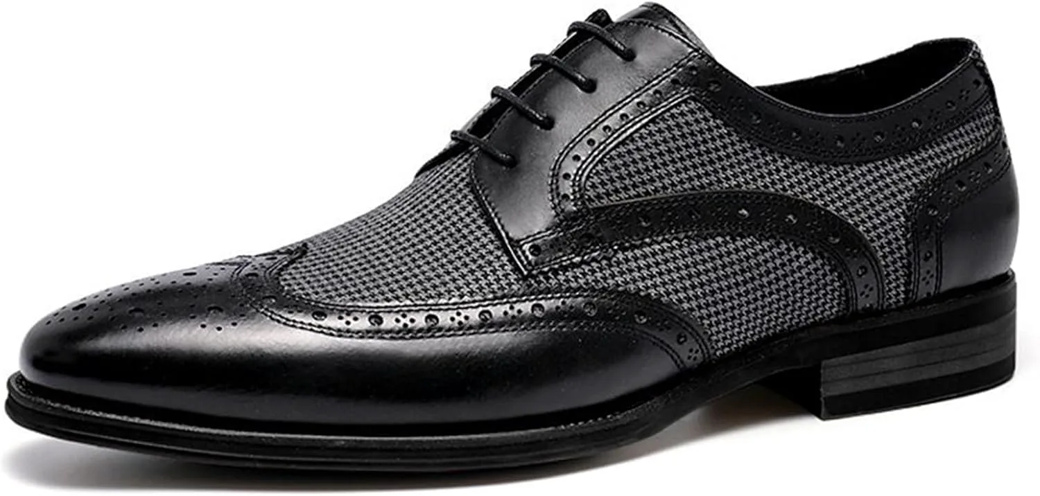 Мужские оксфорды в клетку с крыльями, модные кожаные туфли с круглым носком, низким массивным каблуком и шнуровкой, формальные броги для бизнеса, свадьбы, выпускного, работы и повседневной носки BANGTEUO, черный