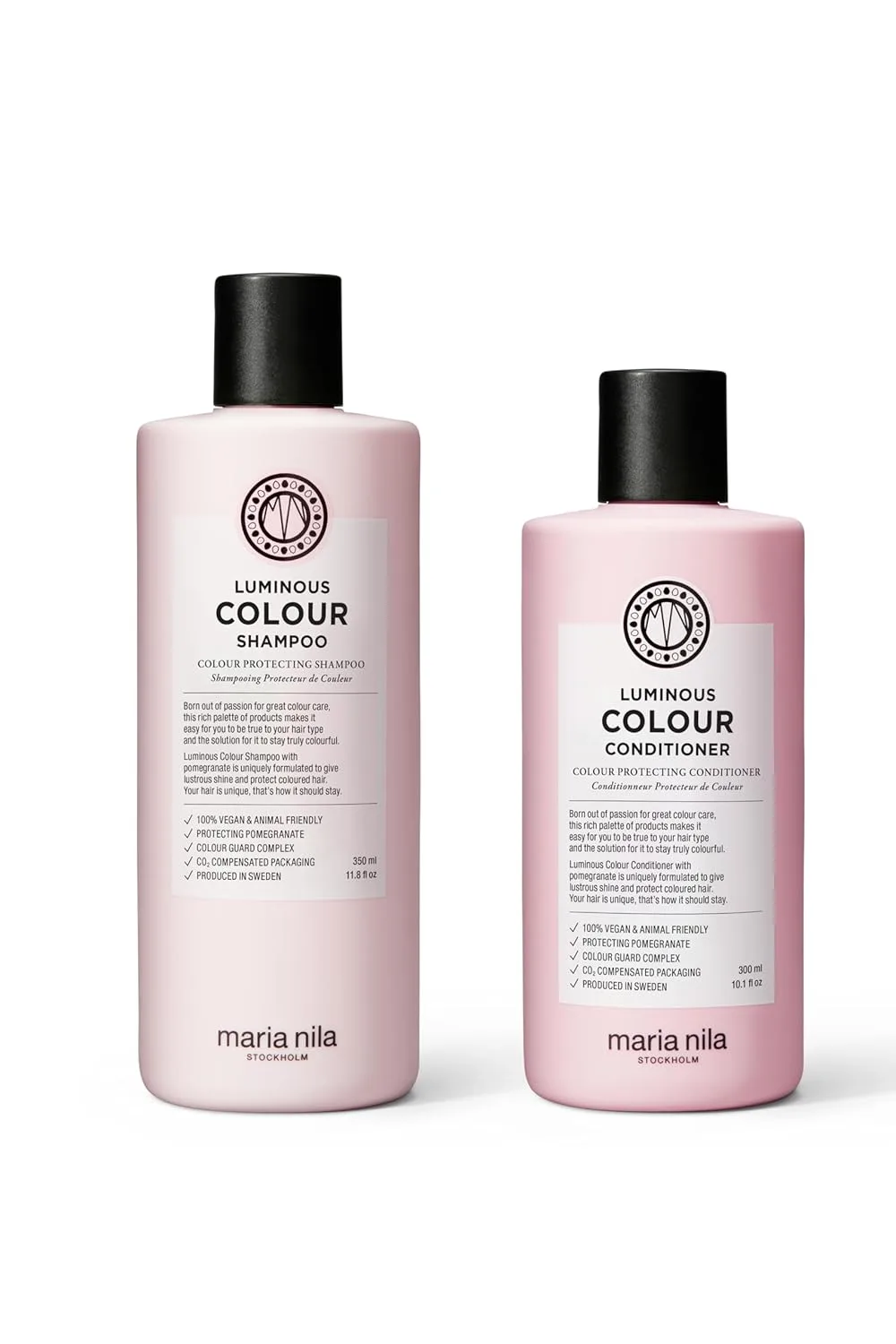Шампунь и кондиционер Maria Nila Luminous Colour уменьшают потерю цвета при мытье, экстракт граната борется с обезвоживанием, 100% веганский продукт, не содержит сульфатов и парабенов.