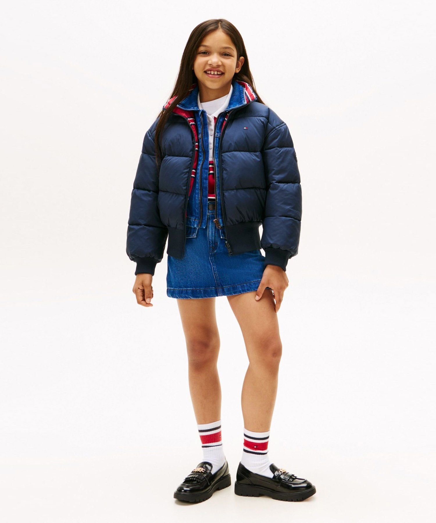Двусторонняя пуховая куртка-бомбер для девочек Tommy Hilfiger, Navy C1G — фото 3