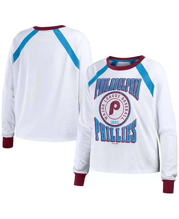 

Женская белая рваная футболка с длинным рукавом Philadelphia Phillies реглан Wear By Erin Andrews, белый