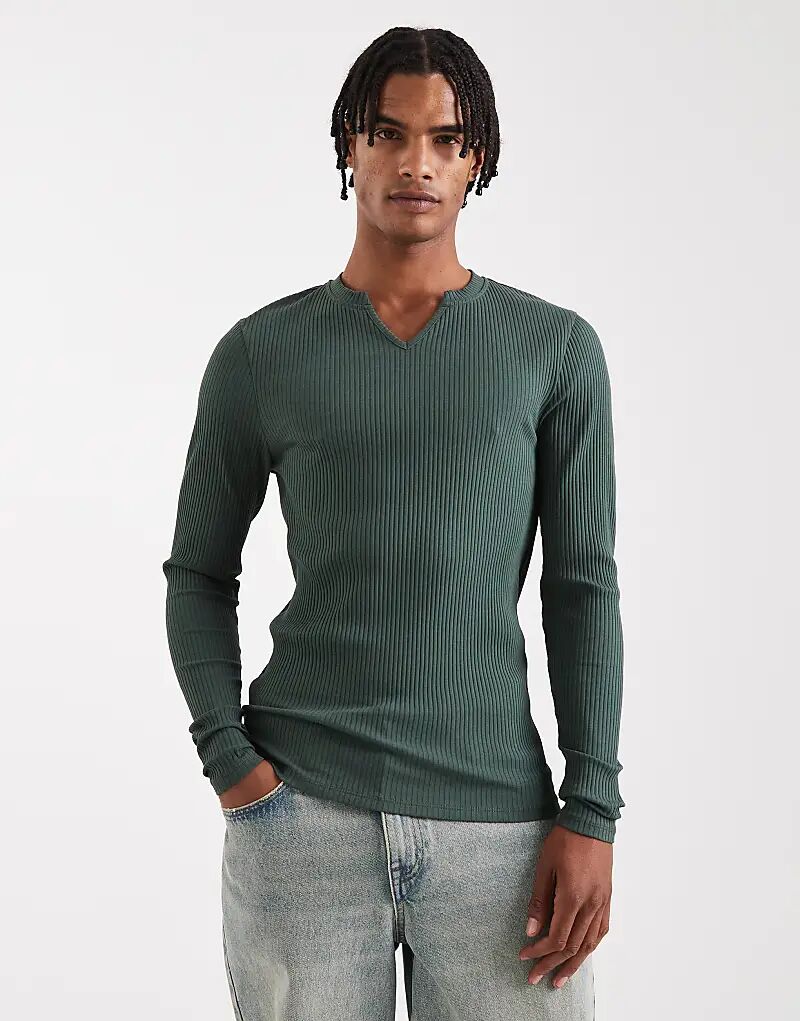 

Футболка ASOS DESIGN суперплотная, облегающая, с длинными рукавами и вырезом на горловине, темно-зеленого цвета, в рубчик