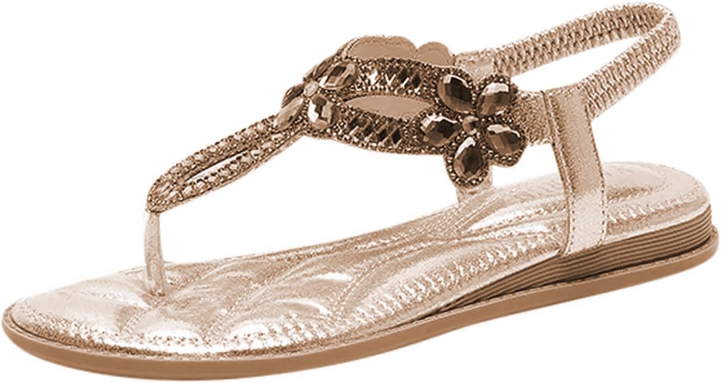 

Летние босоножки для женщин, удобные с ремешком T, на плоской подошве, повседневные сандалии для прогулок, нарядные блестящие вьетнамки с ремешками, обувь для отпуска Generic, золотой