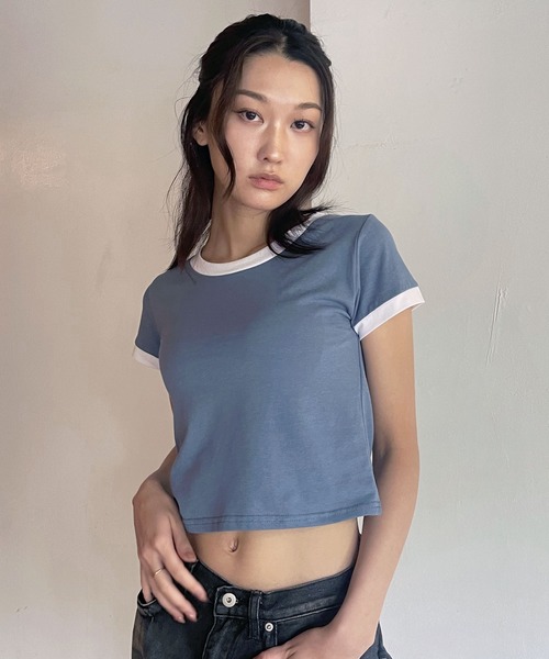 

Футболка с контрастной отделкой, базовый крой, бренд FOLLOWIN, синий